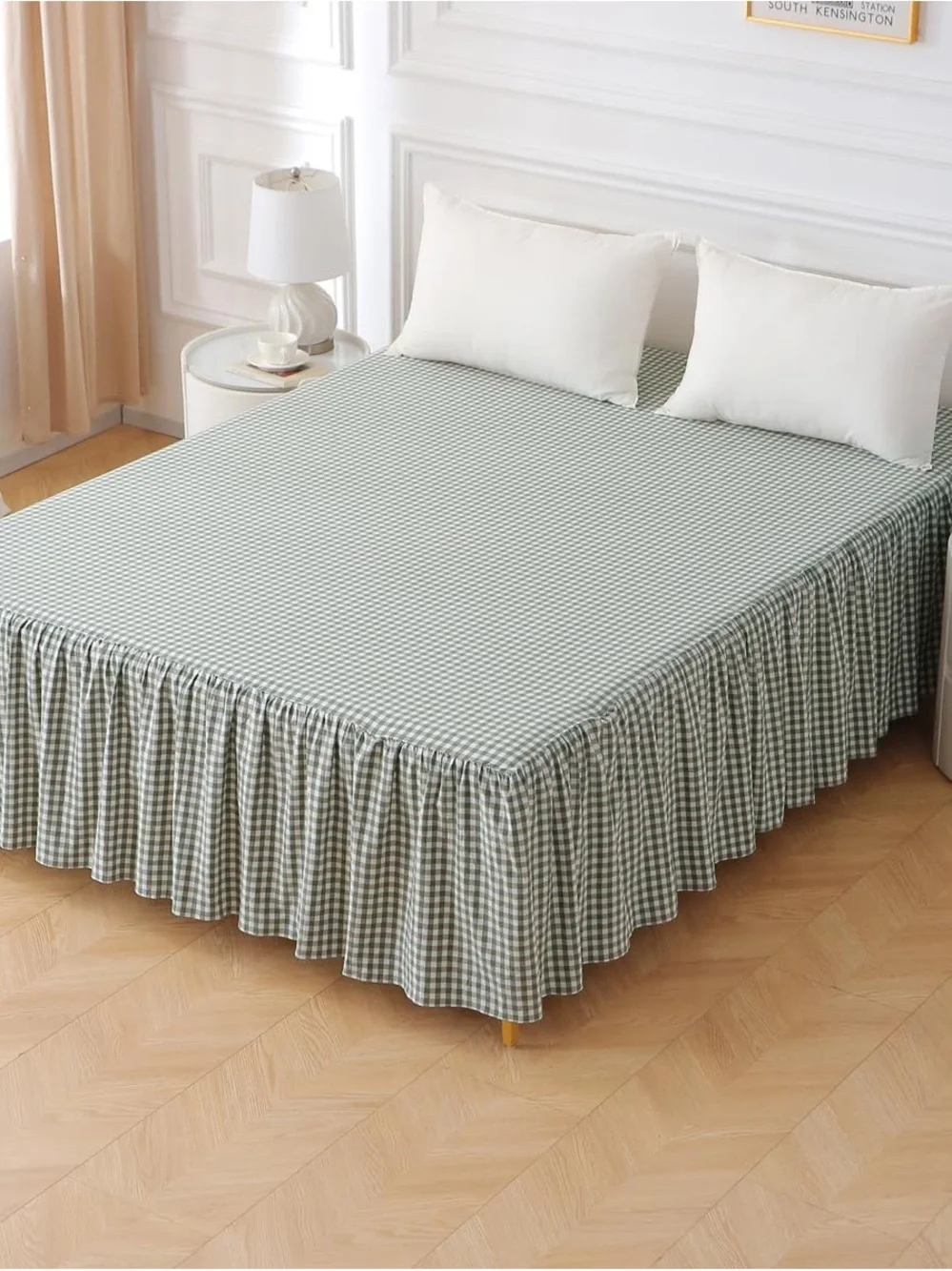 Gingham Ruffled Bed Skirt in Sage Green - Home Bedding
